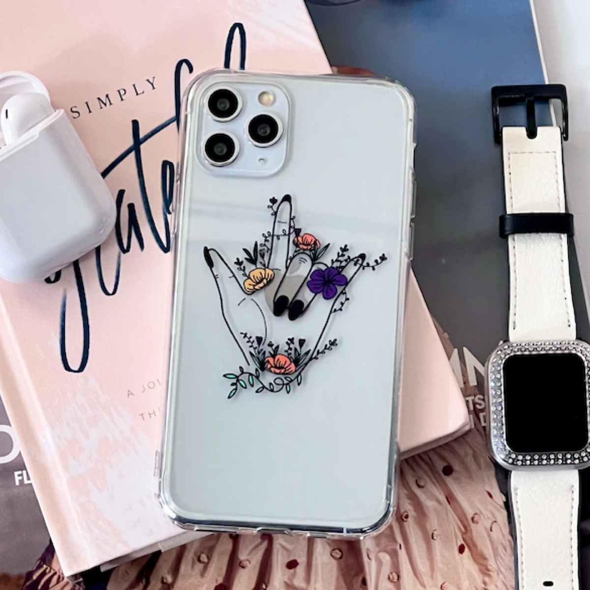 Floral Hand Line Art Clear Phone Case for Apple iPhone 15 more