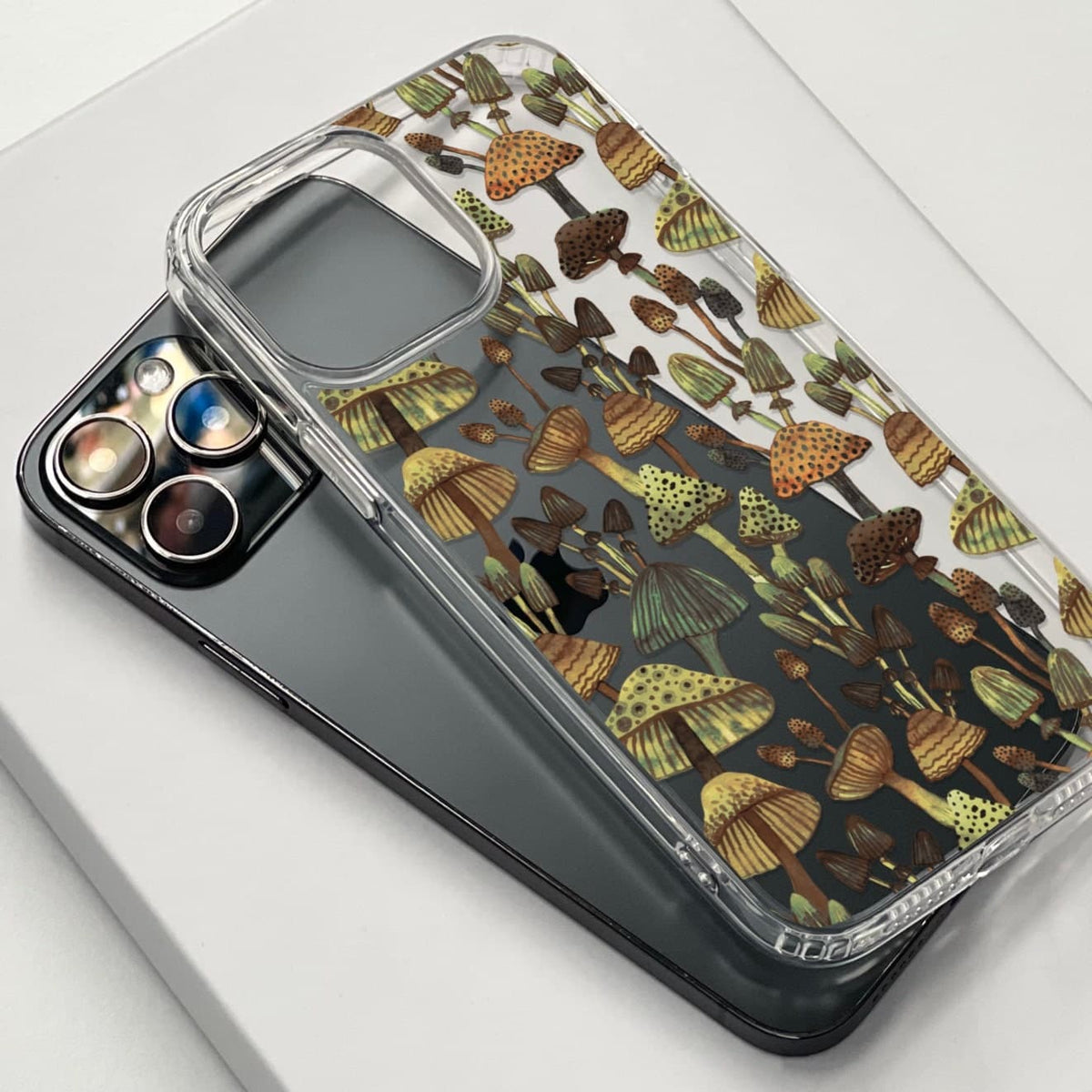 Olive Green Mushrooms Clear Phone Case for Apple iPhone 15 (& more!) The Urban Flair Olive Green Mushrooms Clear Phone Case for Apple iPhone 15 (& more!) The Urban Flair
