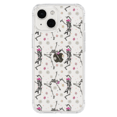Dancing Cowboy Skeletons Clear Phone Case shown on iPhone 13 Mini