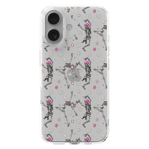 Dancing Cowboy Skeletons Clear Phone Case shown on iPhone 16