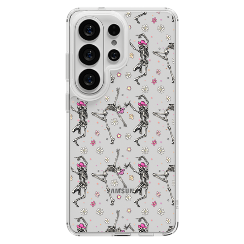 Dancing Cowboy Skeletons Clear Phone Case shown on Galaxy S25 Ultra