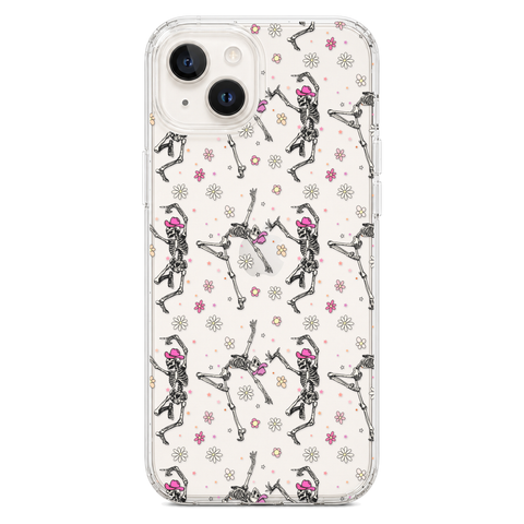 Dancing Cowboy Skeletons Clear Phone Case shown on iPhone 14 Plus