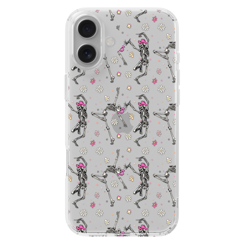 Dancing Cowboy Skeletons Clear Phone Case shown on iPhone 16 Plus