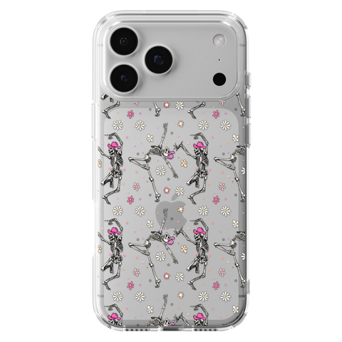Dancing Cowboy Skeletons Clear Phone Case shown on iPhone 17 Pro Max