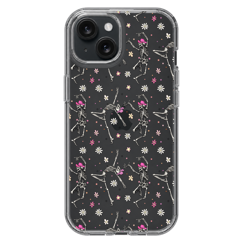 Dancing Cowboy Skeletons Clear Phone Case shown on iPhone 15