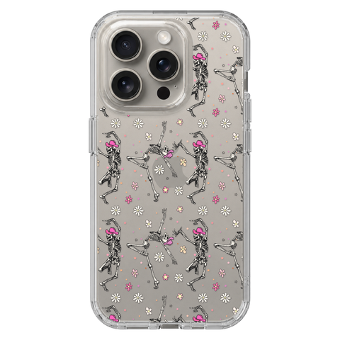 Dancing Cowboy Skeletons Clear Phone Case shown on iPhone 15 Pro