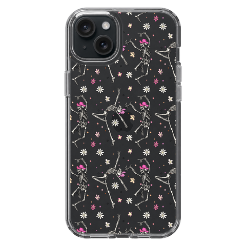 Dancing Cowboy Skeletons Clear Phone Case shown on iPhone 15 Plus