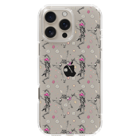 Dancing Cowboy Skeletons Clear Phone Case shown on iPhone 16 Pro