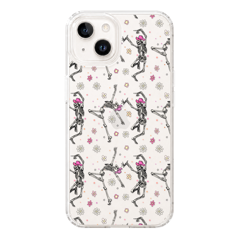 Dancing Cowboy Skeletons Clear Phone Case shown on iPhone 14
