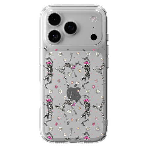 Dancing Cowboy Skeletons Clear Phone Case shown on iPhone 17 Pro