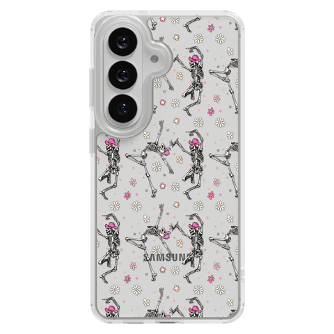 Dancing Cowboy Skeletons Clear Phone Case shown on Galaxy S26 Plus