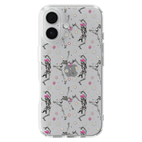 Dancing Cowboy Skeletons Clear Phone Case shown on iPhone 17