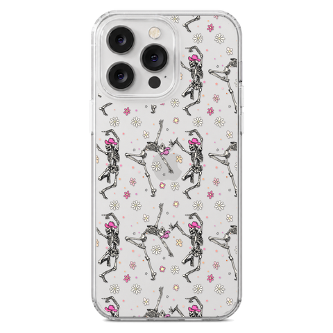 Dancing Cowboy Skeletons Clear Phone Case shown on iPhone 14 Pro Max