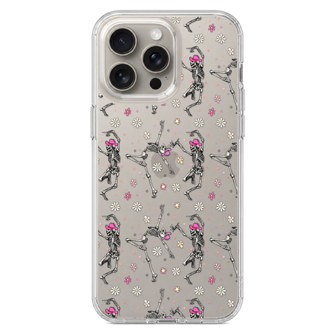 Dancing Cowboy Skeletons Clear Phone Case shown on iPhone 15 Pro Max