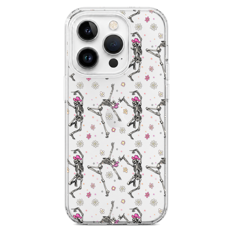 Dancing Cowboy Skeletons Clear Phone Case shown on iPhone 14 Pro