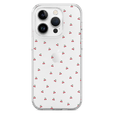 Dainty Micro Cherries Clear Phone Case shown on iPhone 14 Pro