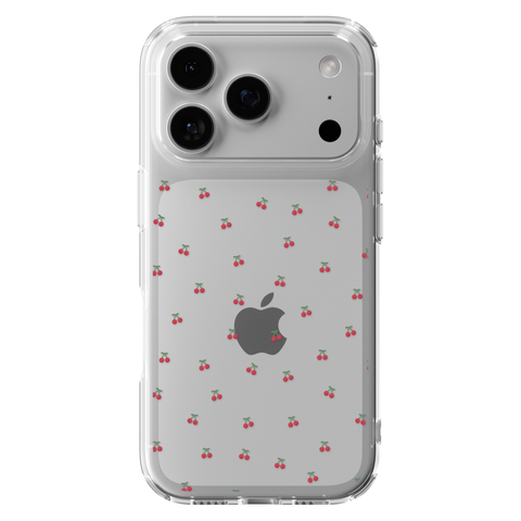 Dainty Micro Cherries Clear Phone Case shown on iPhone 17 Pro