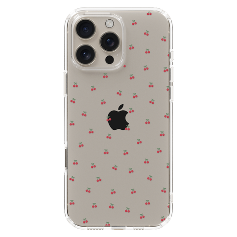 Dainty Micro Cherries Clear Phone Case shown on iPhone 16 Pro