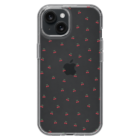 Dainty Micro Cherries Clear Phone Case shown on iPhone 15