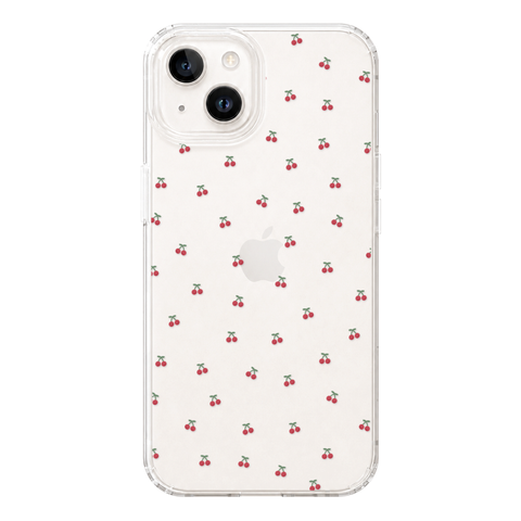 Dainty Micro Cherries Clear Phone Case shown on iPhone 14