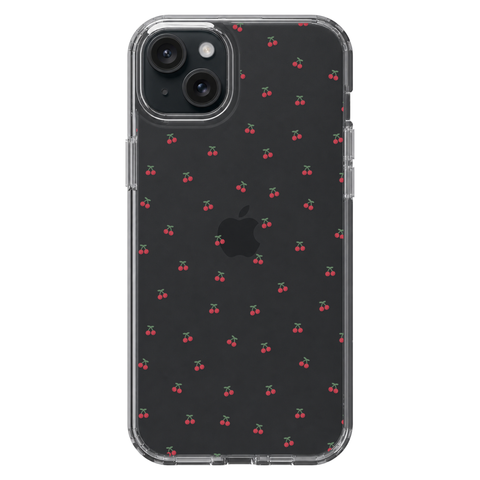 Dainty Micro Cherries Clear Phone Case shown on iPhone 15 Plus