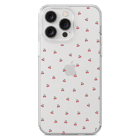Dainty Micro Cherries Clear Phone Case shown on iPhone 14 Pro Max