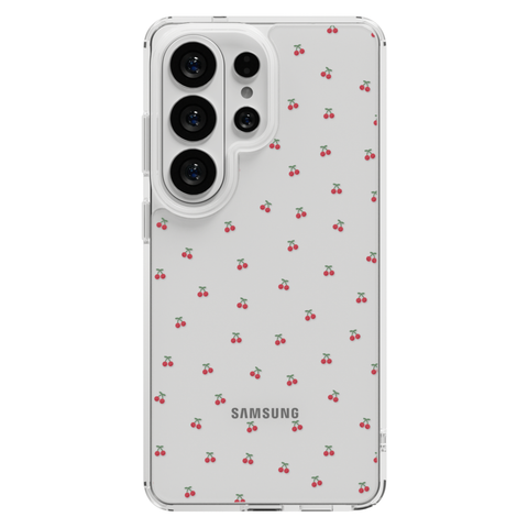 Dainty Micro Cherries Clear Phone Case shown on Galaxy S25 Ultra
