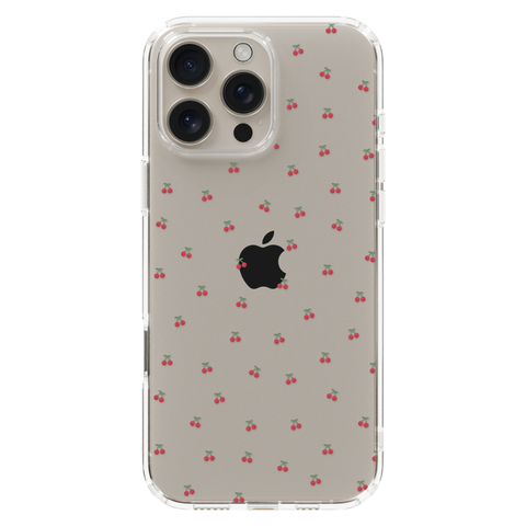 Dainty Micro Cherries Clear Phone Case shown on iPhone 16 Pro Max