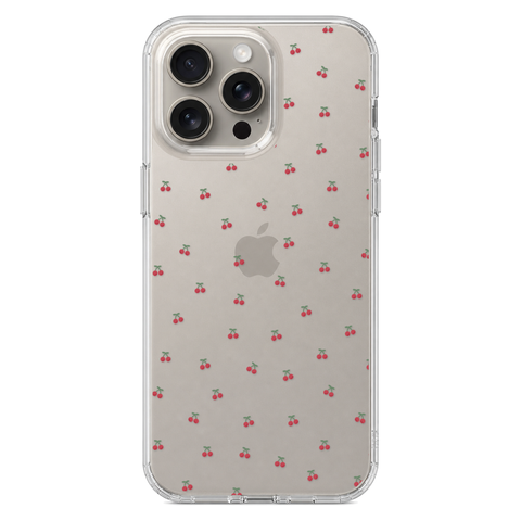 Dainty Micro Cherries Clear Phone Case shown on iPhone 15 Pro Max