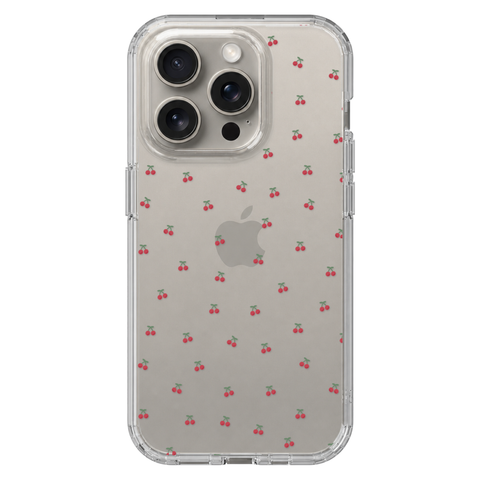 Dainty Micro Cherries Clear Phone Case shown on iPhone 15 Pro