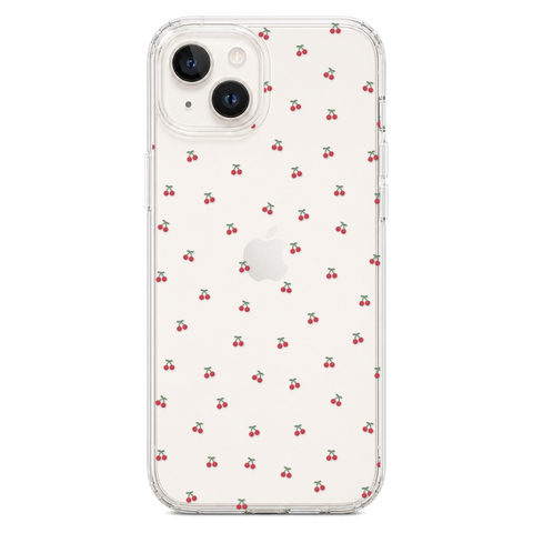 Dainty Micro Cherries Clear Phone Case shown on iPhone 14 Plus