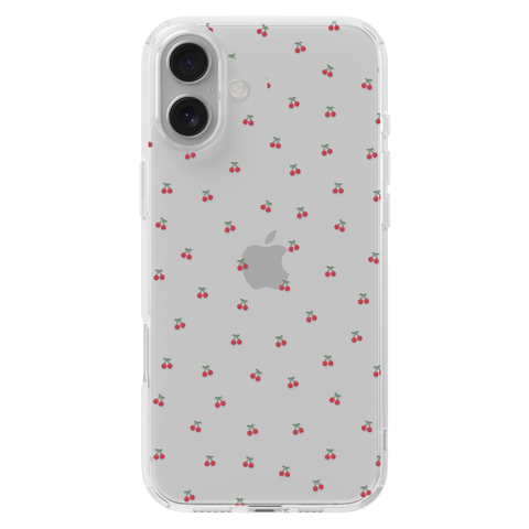 Dainty Micro Cherries Clear Phone Case shown on iPhone 16 Plus