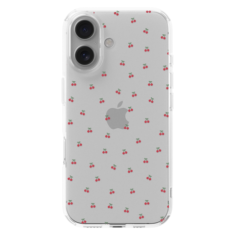 Dainty Micro Cherries Clear Phone Case shown on iPhone 16