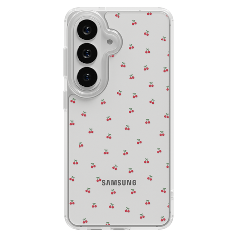 Dainty Micro Cherries Clear Phone Case shown on Galaxy S26 Plus