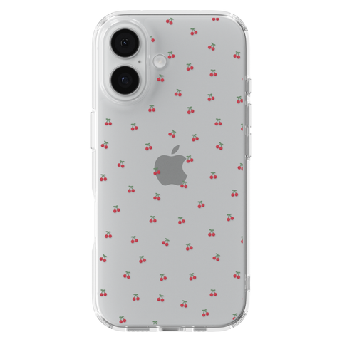 Dainty Micro Cherries Clear Phone Case shown on iPhone 17
