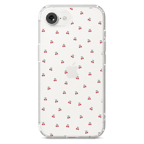 Dainty Micro Cherries Clear Phone Case shown on iPhone 16e