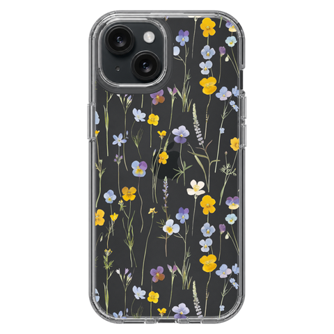 Pansy Wildflower Clear Phone Case shown on iPhone 15