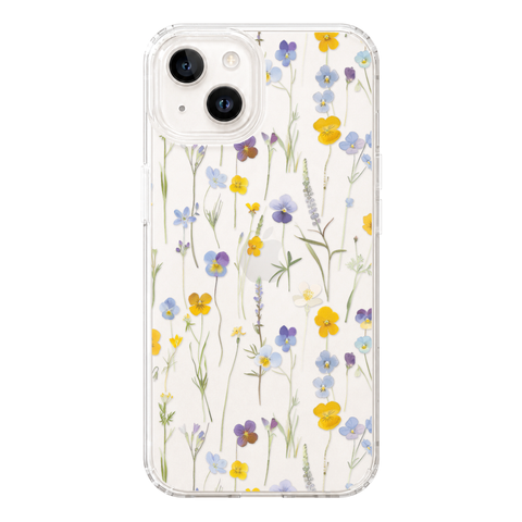 Pansy Wildflower Clear Phone Case shown on iPhone 14