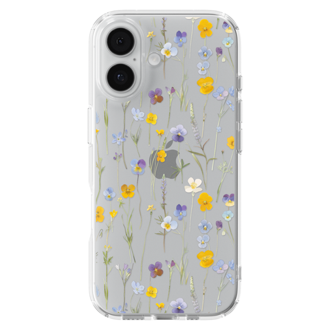 Pansy Wildflower Clear Phone Case shown on iPhone 17
