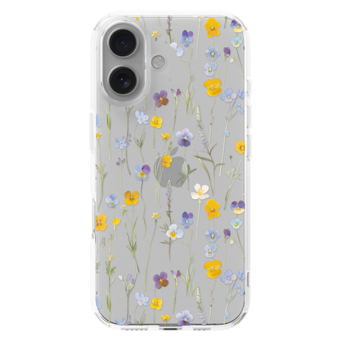 Pansy Wildflower Clear Phone Case shown on iPhone 16