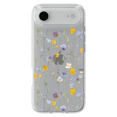 Pansy Wildflower Clear Phone Case shown on iPhone 17 Air