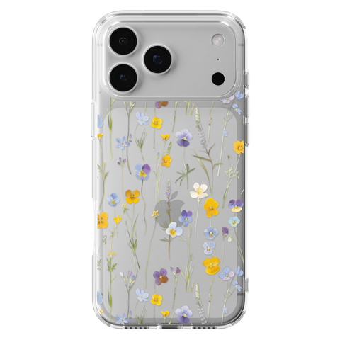 Pansy Wildflower Clear Phone Case shown on iPhone 17 Pro Max