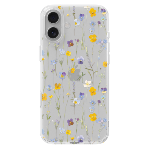 Pansy Wildflower Clear Phone Case shown on iPhone 16 Plus