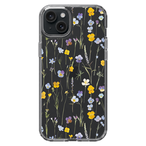 Pansy Wildflower Clear Phone Case shown on iPhone 15 Plus