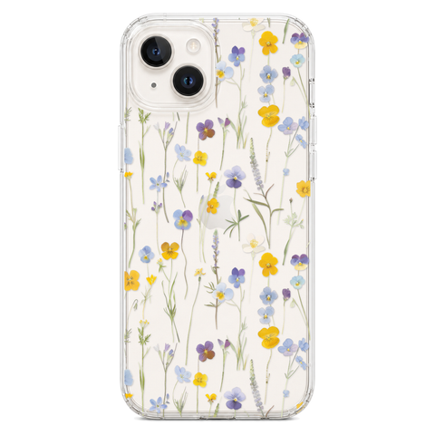 Pansy Wildflower Clear Phone Case shown on iPhone 14 Plus