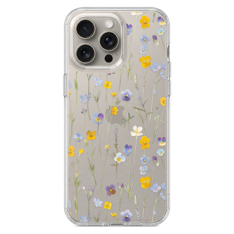 Pansy Wildflower Clear Phone Case shown on iPhone 15 Pro Max