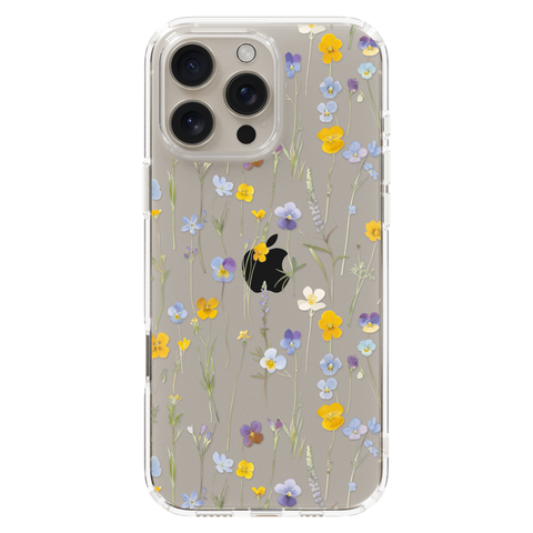 Pansy Wildflower Clear Phone Case shown on iPhone 16 Pro Max
