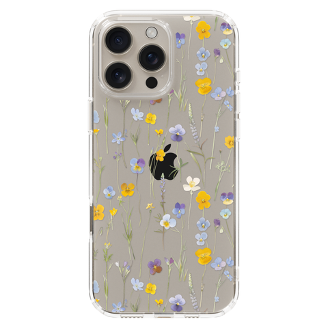Pansy Wildflower Clear Phone Case shown on iPhone 16 Pro