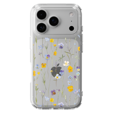 Pansy Wildflower Clear Phone Case shown on iPhone 17 Pro