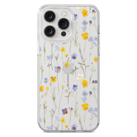 Pansy Wildflower Clear Phone Case shown on iPhone 14 Pro Max